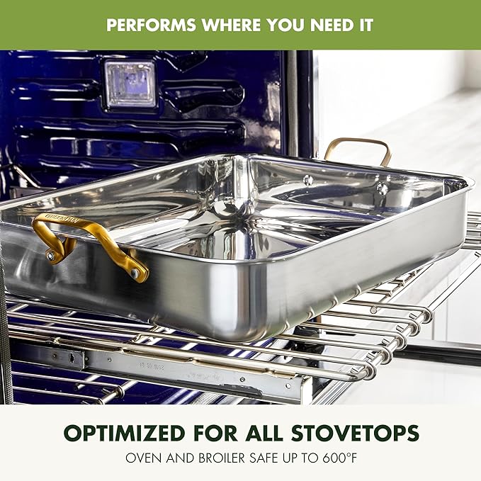 GreenPan Reserve 16 x 13 Tri-Ply Stainless Steel Roasting Pan with Roaster Rack Multiclad Cookware Induction Suitable Gold Stainless Steel Handles Dishwasher &amp Oven Safe Silver