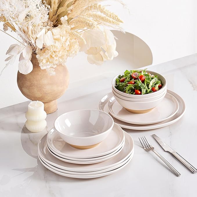 FINE&ampNICE Melamine Dinnerware Sets of 12 Pcs Kitchen Plates and Bowls Set for 4 Unbreakable Dishware Sets for Patio RV and Camping Dishwasher Safe (White with Brown)