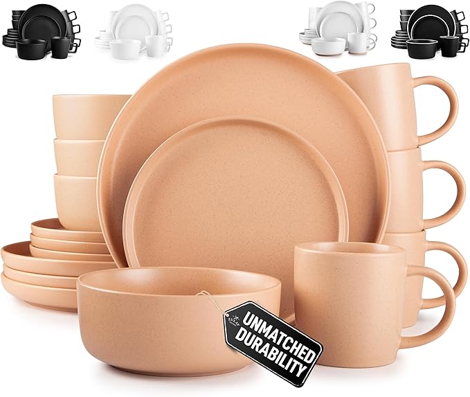 Zulay Kitchen Terra Stoneware Dinnerware Set Artisanal Ceramic Plates and Bowls Set Crafted at 2300℉ - Service for 4 Terracotta Clay