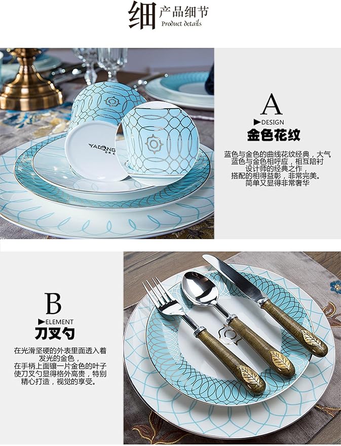 European Style Dinnerware Set Service for 6 Bone China Dinnerware Sets Unbreakable Porcelain Dinner Sets Coffee Cup and Saucer Tableware Set Steak Dinner Plates Dish Set blue