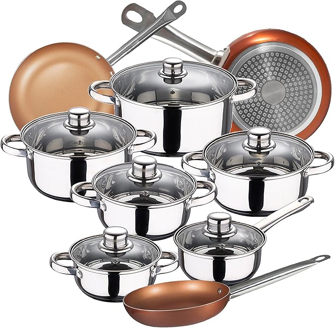 SAN IGNACIO Cassel 12-Piece Stainless Steel Cookware Set with Pan Set (20/24/28 cm) Professional Chef Copper Plus in Pressed Aluminium