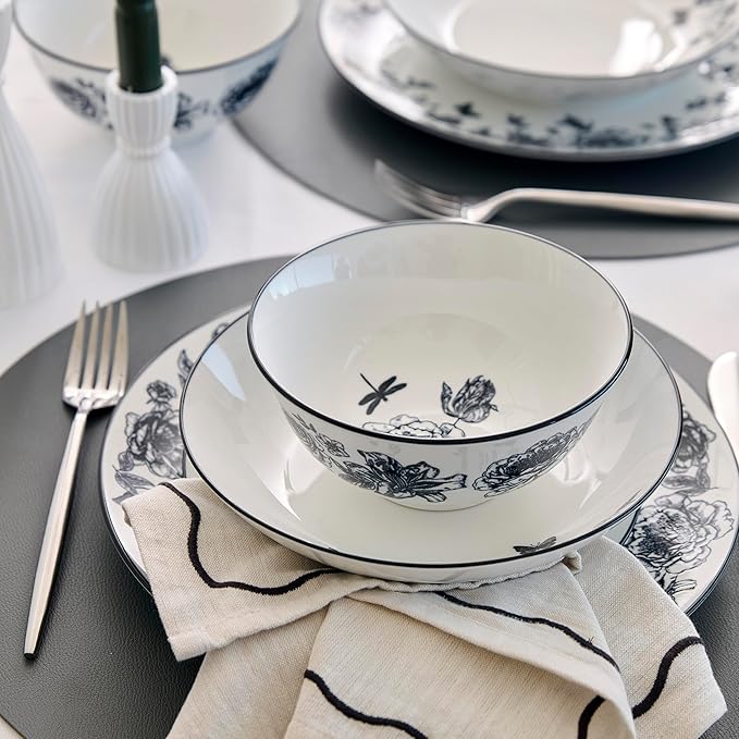 Stone Lain Esme 16-Piece Dinnerware Set Porcelain Plates and Bowls Set Dish Set for 4 Cereal and Pasta Bowls Microwave and Dishwasher Safe Black