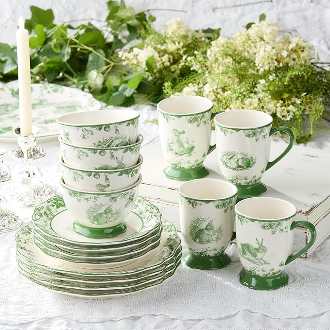 Le Jardin Bunny 16-Piece DINNERWARE SET SERVICE FOR FOUR – Elegant Stoneware Plates Bowls &amp Mugs for Springtime Easter Garden Parties &amp Everyday Charm – Scalloped Floral Toile Design