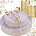 bUCLA 150PCS Purple Plastic Plates - Light Purple and Gold Disposable - Include 25 Each (Dinner &amp Dessert) lavender Plates 25 Knives 25 Forks 25 Spoons &amp 25 Cups for Party Easter &amp Wed