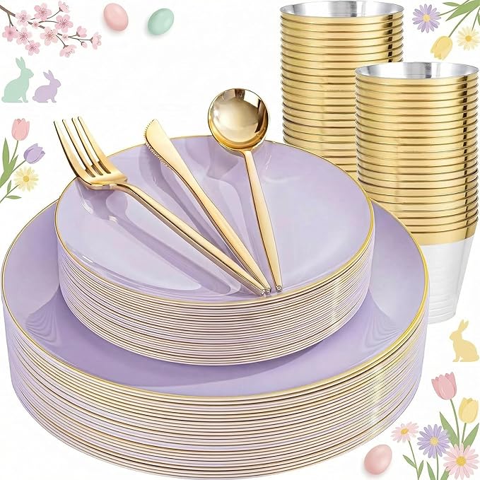 bUCLA 150PCS Purple Plastic Plates - Light Purple and Gold Disposable - Include 25 Each (Dinner &amp Dessert) lavender Plates 25 Knives 25 Forks 25 Spoons &amp 25 Cups for Party Easter &amp Wed