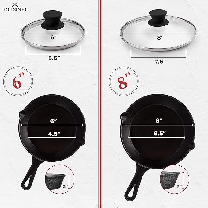 Cuisinel 6+8+10+12-Inch Cast Iron Skillets Set + Glass Lids + Silicone Handle Grips - Pre-Seasoned Frying Pan - Oven Cookware - Use Indoor/Outdoor Grill Stovetop Fire Camping Kitchen