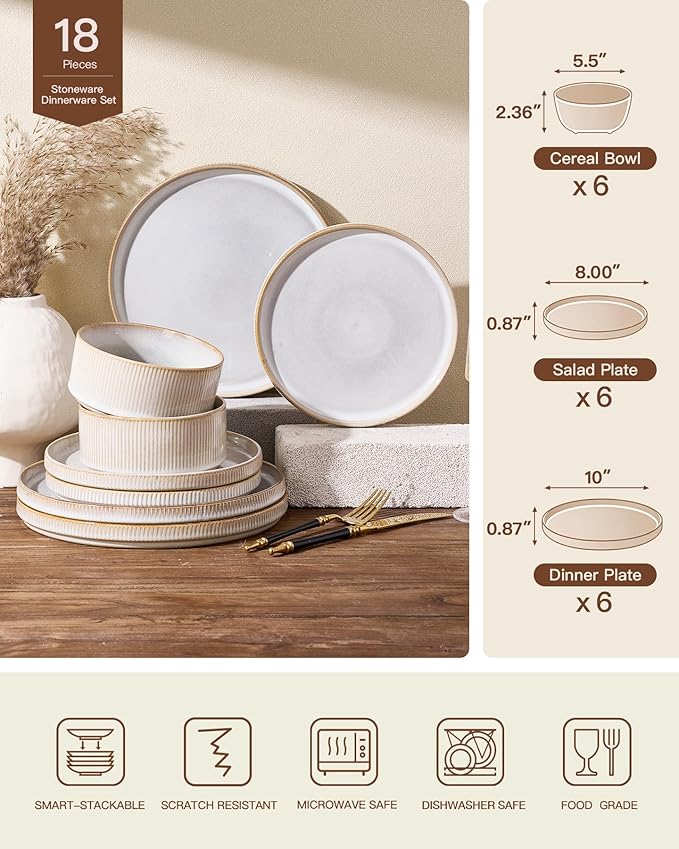 Stoneware Plates and Bowls Dishes Sets for 6 (18-Piece) Famiware Premium Handcrafted Reactive Glaze Dinnerware Set with Raised Rim Scratch Resistant Microwave Dishwasher Safe Cappuccino White