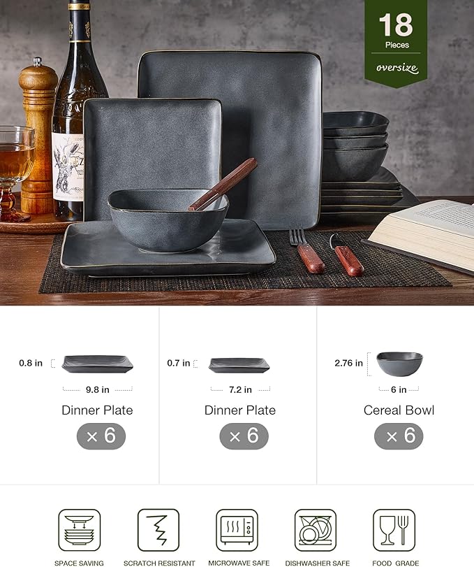 Famiware Dinnerware Sets for 6 Ocean Square 18-Piece Kitchen Plates and Bowls Sets Microwave and Dishwasher Safe Scratch Resistant Matte Black