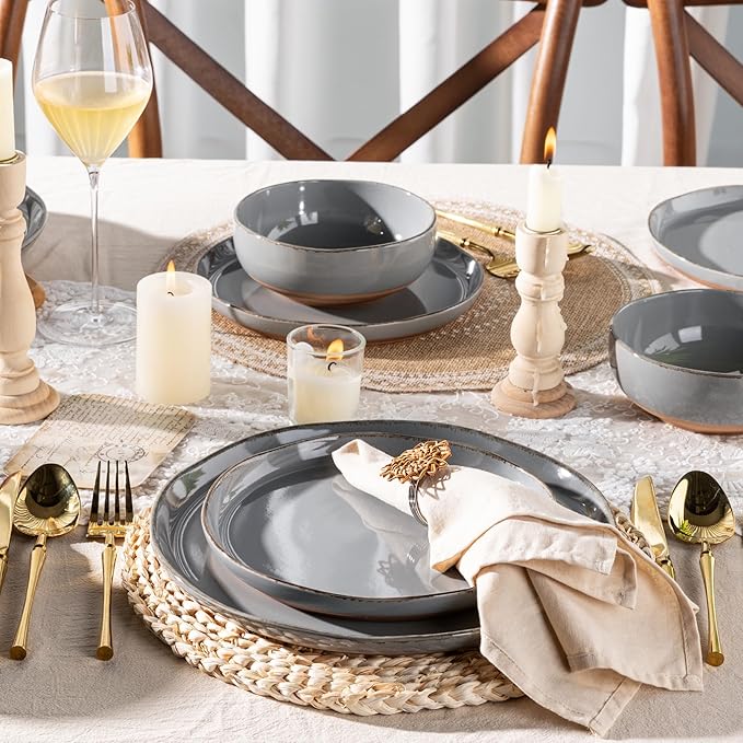 AmorArc Ceramic Dinnerware Sets for 4 12 Pieces Handpainted Plates and Bowls Set with Rustic Terracotta Underside Scratch Resistant Stoneware Dishes Set Dishwasher &amp Microwave Safe