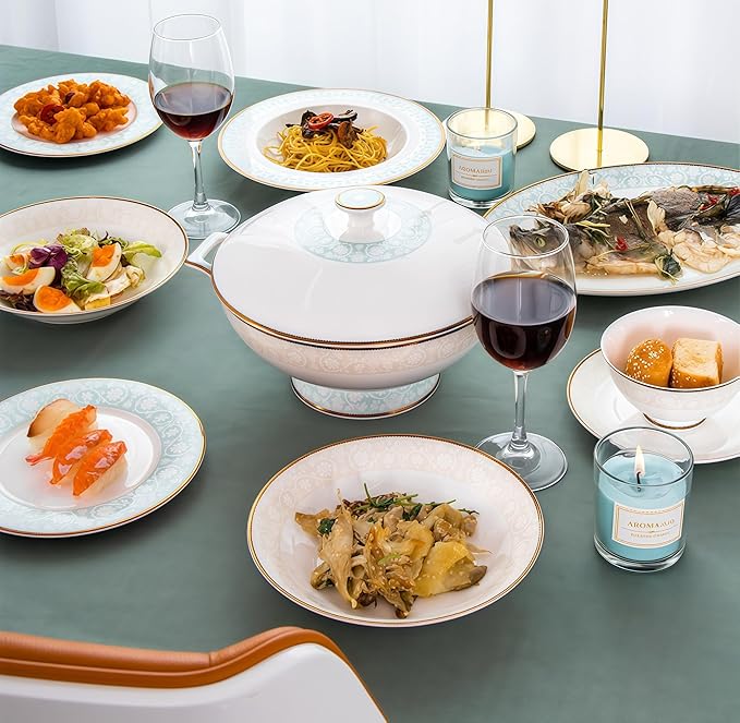Fine Bone China Dinnerware SetPorcelain&ampCeramic Dinnerware SetsBone Stoneware &amp Ceramic Cookware Tableware Set Includes Dinner Plates|Spoons|Pasta Bowls|Soup Pot|Chopsticks (26PCS * 6-Person