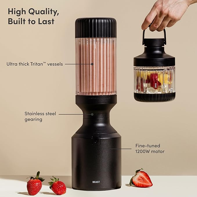 Beast Mega 1200 Plus | Premium Countertop Blender | Smoothies Shakes Sauces Dips Soups | Blends Ice and Frozen Fruit | XL Vessel | With Extra Vessels Straw System | 1200W | (Carbon Black 120V)