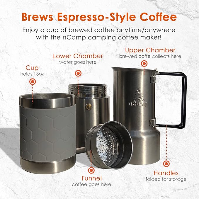 nCamp - Café Portable Coffee Maker Portable Espresso Machine Compact Camping Coffee Maker Stainless Steel Travel Coffee Maker with Camping Coffee Cup Reusable 12 oz