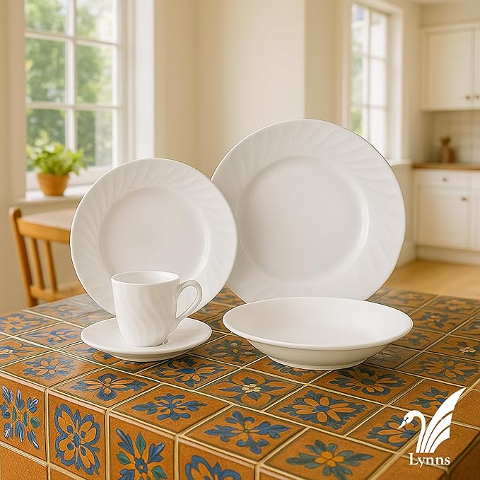 Lynns Paradise Imperial White 20pc Dinnerware Set Embossed Swirl Detail Elegant Versatility Timeless White Finish Includes Dinner Plates Bowls Cups and Saucers Full Tabletop Set