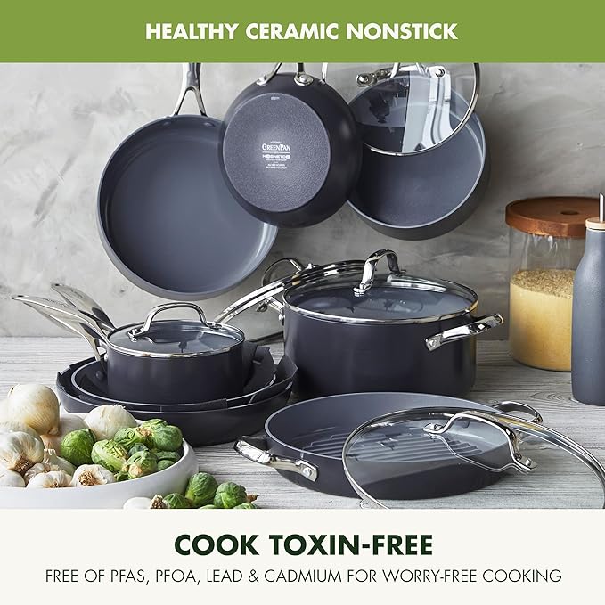 GreenPan Valencia Pro Ceramic Nonstick 16 Piece Cookware Set Hard Anodized PFAS-Free Pots &amp Pans Induction Ready Compatible on All Cooktops Dishwasher Safe Oven Safe to 600F Gray