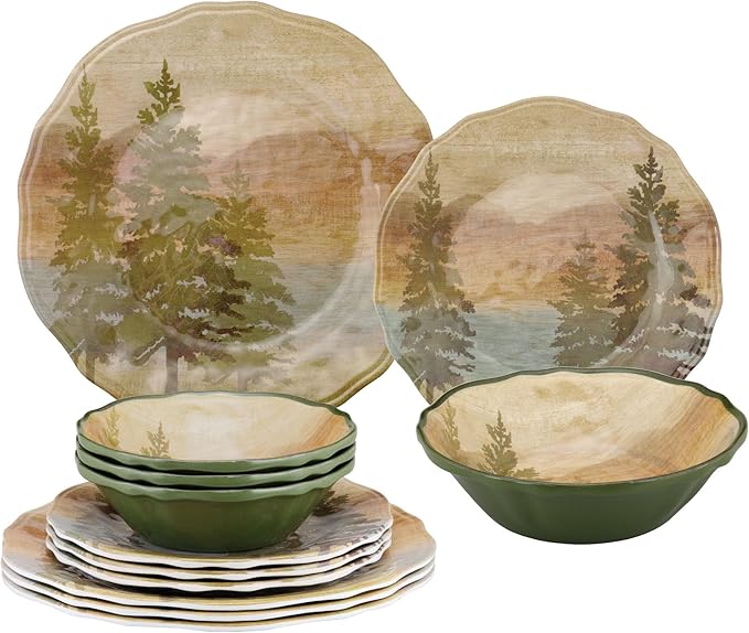 UPware 12 Piece Lakeside Pine Melamine Dinnerware Sets Outdoor Dishes Set Plates and Bowls Sets Service for 4 Beige