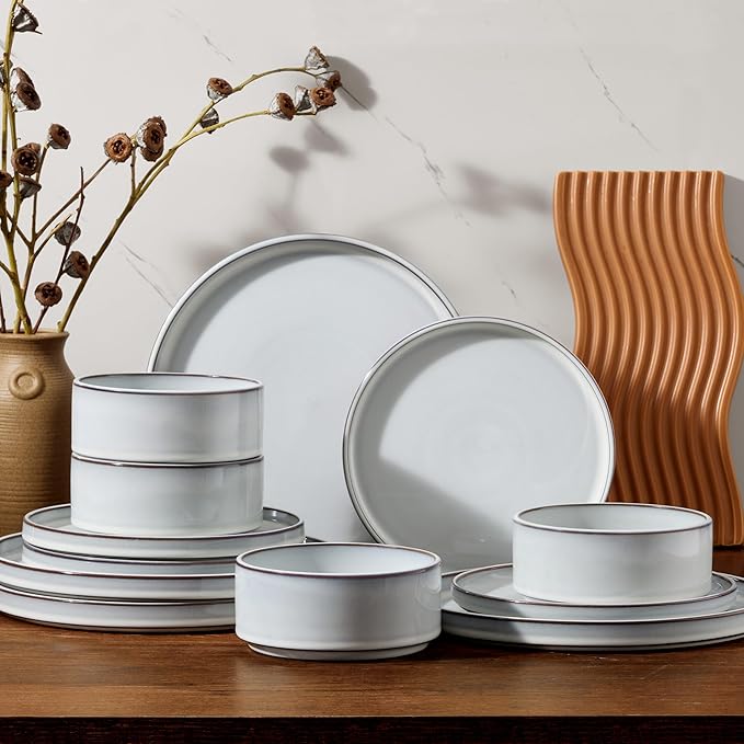 Vesteel 12-Piece Dinnerware Set Ceramic Plates and Bowls Sets Healthy Yixing Purple Clay Dishes Set Elegant &amp Durable Tableware Dishwasher &amp Microwave Safe - Moonlight White