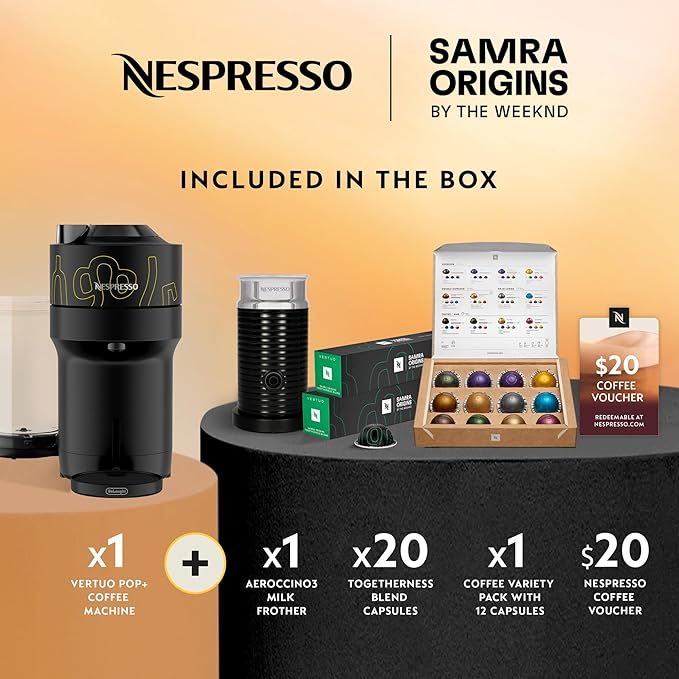 Nespresso Vertuo Pop+ Coffee and Espresso Maker by De'Longhi Samra Origins by The Weeknd Aeroccino3 Milk Frother and Togetherness Blend Double Espresso Light Roast 20-Count Coffee Pods