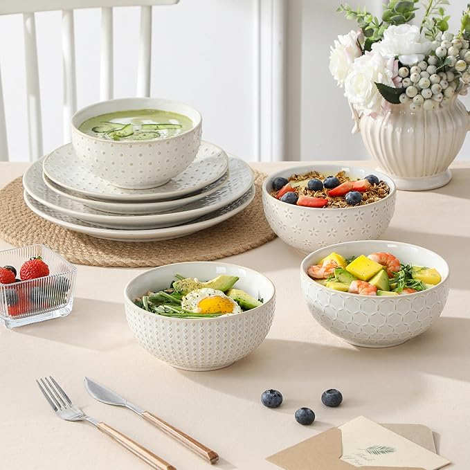 MALACASA 24 Piece Dinnerware Set Embossed Ceramic Dish Sets Service for 8 Plates and Bowls Set Durable Stoneware Tableware for Family Dinners Dishwasher &amp Microwave Safe