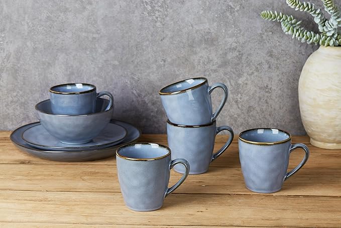 Famiware Ocean Round Plates and Bowls Sets for Kitchen 16-Piece Dinnerware Sets for 4 Mug Set for 4 Reactive Glaze Blue