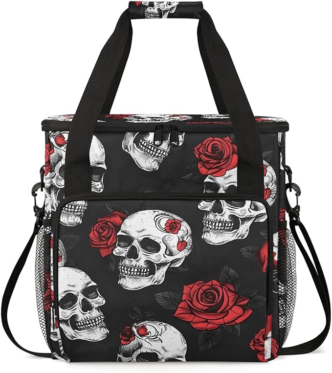 Skull Rose Flower Travel Coffee Maker Carrying Bag Large Organizer Storage Tote Bag Insulated Reusable Cooler Grocery Bags