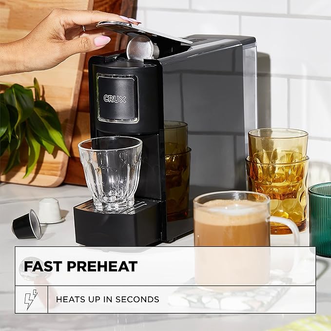 Crux Espresso Machine for Nespresso Pods - Programmable Coffee Brewer Capsule Compatible with Large Removable Water Tank and Drip Tray Black and Silver
