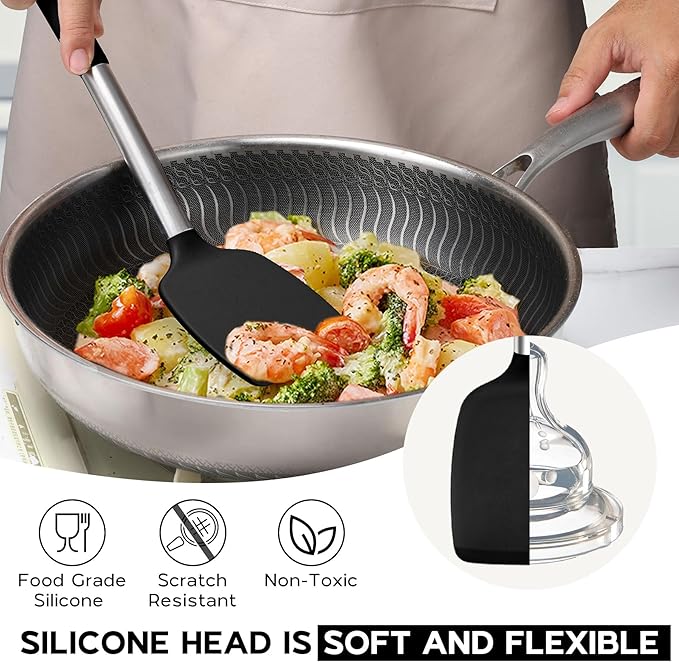 Onader 16 Piece Dinnerware Sets with Serving Bowls for 4 Kitchen Cooking Utensils Set with Holder 15 Pcs Silicone Spatula Set- Black