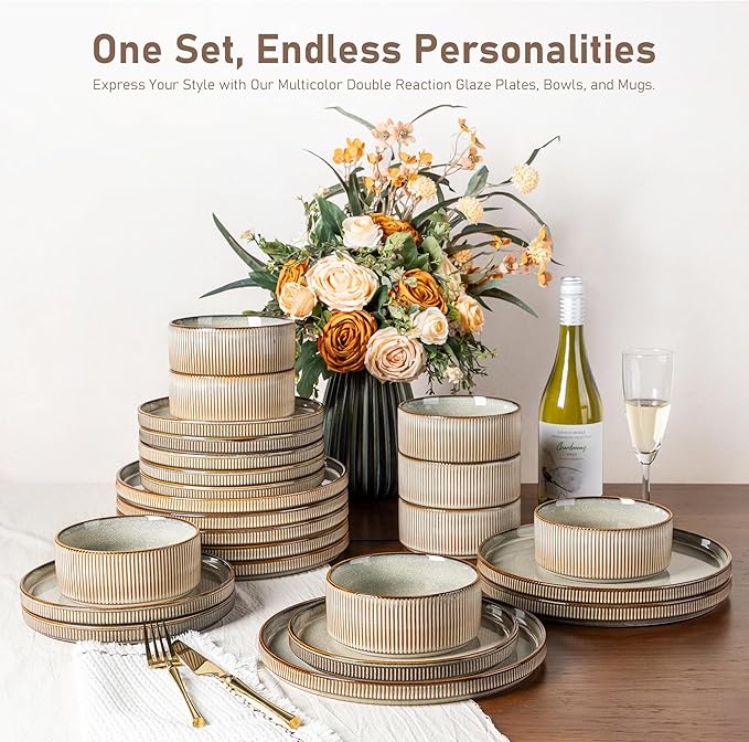 GBHOME 18-Piece Stoneware Dinnerware Set for 6 – Ribbed Ceramic Plates and Bowls Scratch-Resistant Microwave &amp Dishwasher Safe Reactive Glaze Mist Green