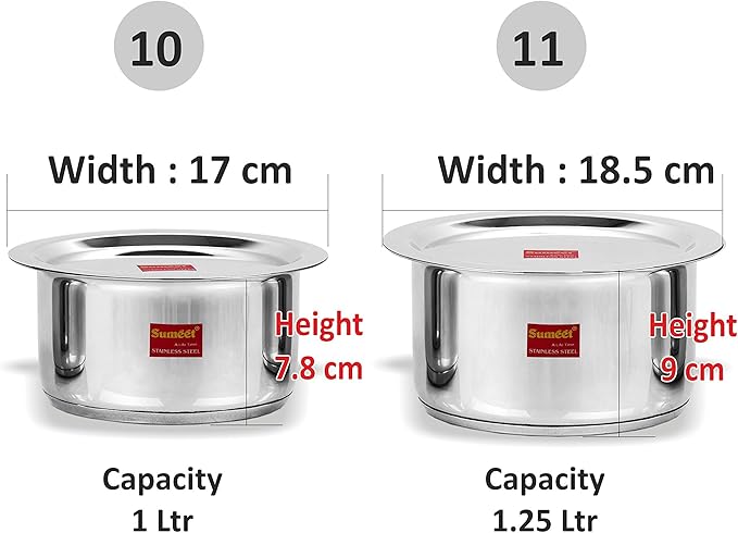 Sumeet 2 Pcs Stainless Steel Induction Bottom (Encapsulated Bottom) Induction &amp Gas Stove Friendly Container Set/Tope/Cookware Set With Lids Size No.10 &amp No.11 (1 Ltr &amp 1.25 Ltr)