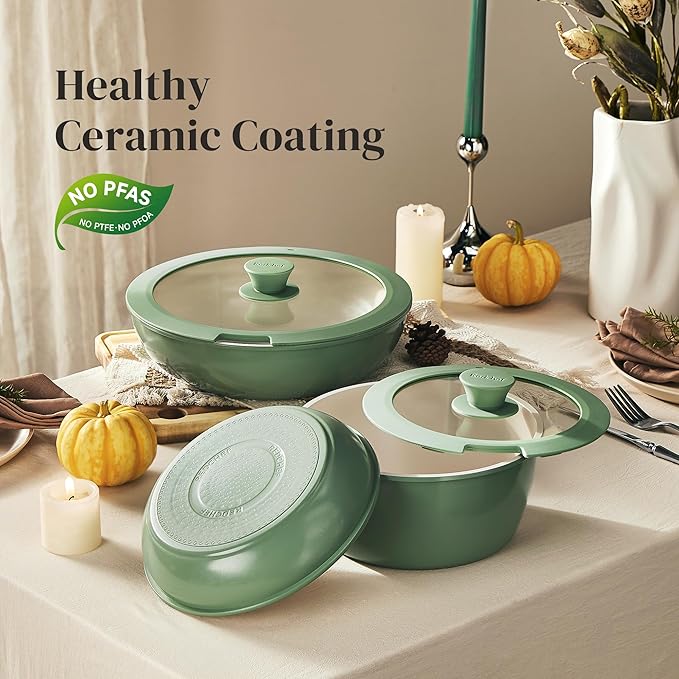 Redchef 16pcs Ceramic Pots and Pans Set Non Stick Nonstick Ceramic Cookware Set with Detachable Handle Non Toxic PFAS PFOA &amp PTFE Free RV Cookware for Camping Dishwasher/Oven Safe (Green)