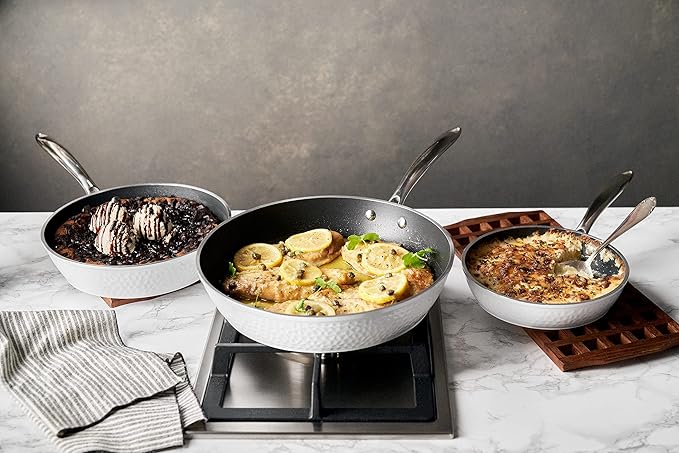 Luxurious Non-Stick Ceramic 3 Piece White Hammered Cookware Set Lightweight Scratch-Resistant Dishwasher Safe Oven Safe up to 500°F Suitable for All Stove Types