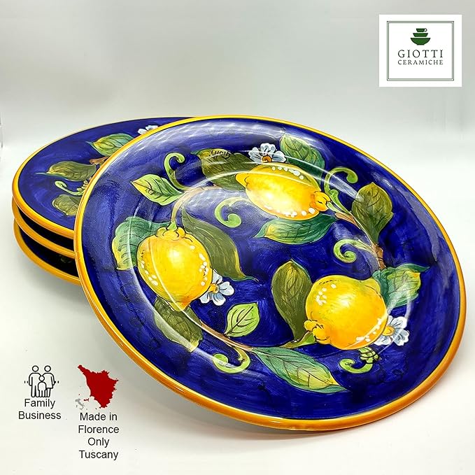 Italian Ceramic dinnerware set - Hand Painted kitchen Dishes sets for 4 - Made in ITALY Tuscany - Italian Pottery dinner plates - Home Decor Lemons Blue Ceramics dishes set - Service For 4
