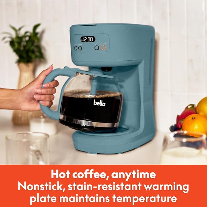bella 12 Cup Programmable Coffee Marker Reusable Dishwasher Safe Accessories Easy LCD diaply Auto Shutoff 900 watt Surf