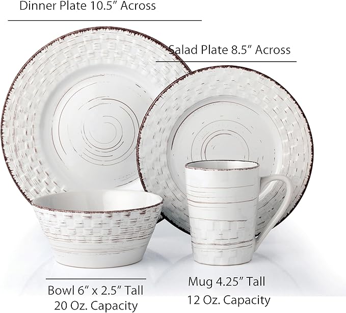 Lorren Home Trends 16 Piece Distressed Weave Dinnerware Set-White