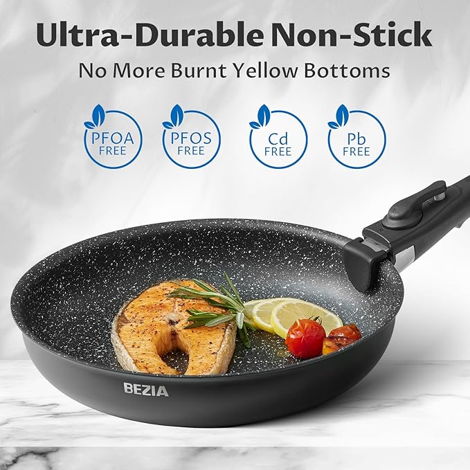 BEZIA Induction Cookware Set 10 Pieces Nonstick Pots and Pans Set with Removable Handles for All Hobs Stackable Design Dishwasher/Oven Safe PFAS Free