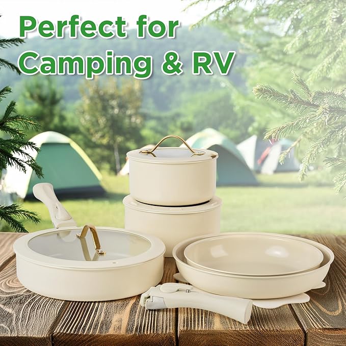 20pcs Ceramic Cookware Set Nonstick Detachable Handle Pots and Pans Set RV Kitchen Set Removable Handle for Cooking Non Toxic No PFAS &amp PTFE &amp PFOA Dishwasher/Oven Safe Cream White