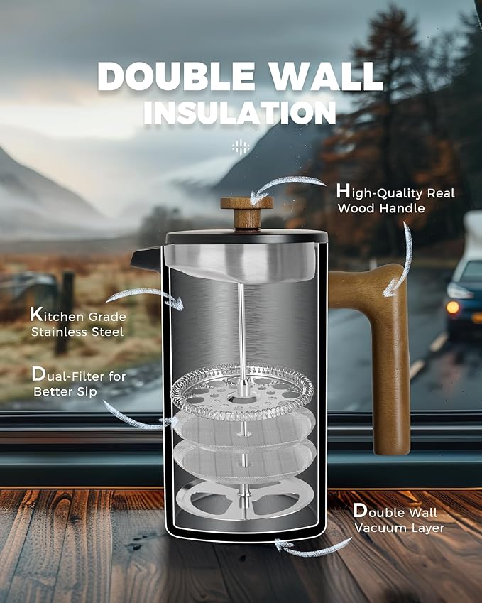 POLIVIAR French Press Coffee Maker 34 Ounce Coffee Press with Real Wood Handle Double Wall Insulation &amp Dual- Filter Screen Food Grade Stainless Steel for Good Coffee and Tea (Vintage)