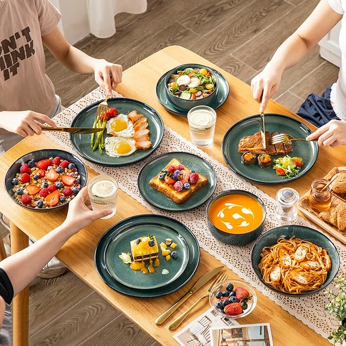 vancasso Starry Plates and Bowls Sets for 6 24 Pieces Dinnerware Sets Green Reactive Glaze Dishes Sets for Kitchen Scratch Resistant Stoneware Dishes Set Dishwasher and Microwave Safe