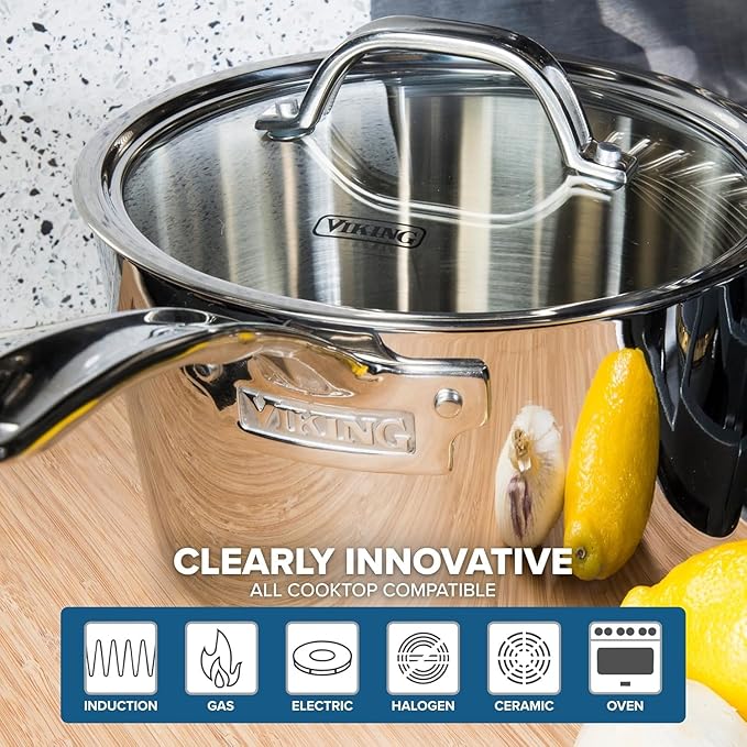 Viking Stainless Steel Kitchen Essentials Bundle – 3-Piece Cookware Set with 8 Cooking Utensils 4.8 Qt Sauté Pan &amp Lid 3.4 Qt Sauce Pan &amp Lid – Induction Ready Oven &amp Dishwasher Safe