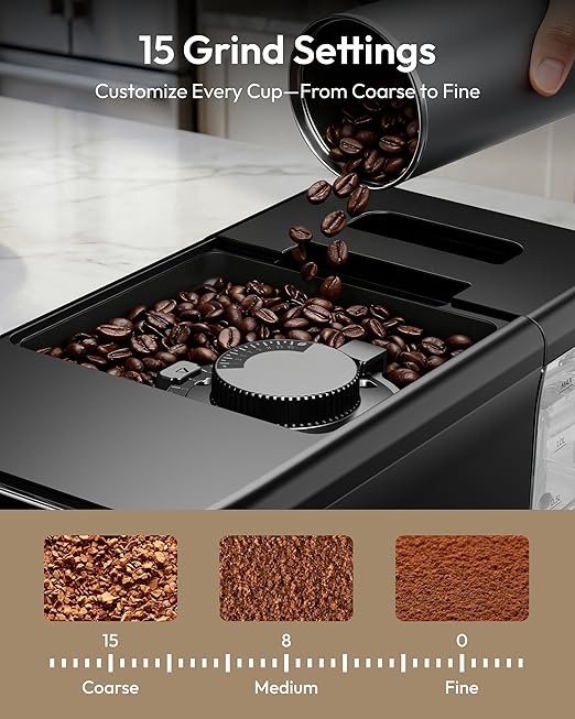 Automatic Espresso Machine 20 Bar Coffee Maker with Grinder Built in Milk Frother 15-Grind Settings Fully Automatic Espresso Machine with Touch Screen Auto Self-Cleaning for Cappuccino &amp Latte