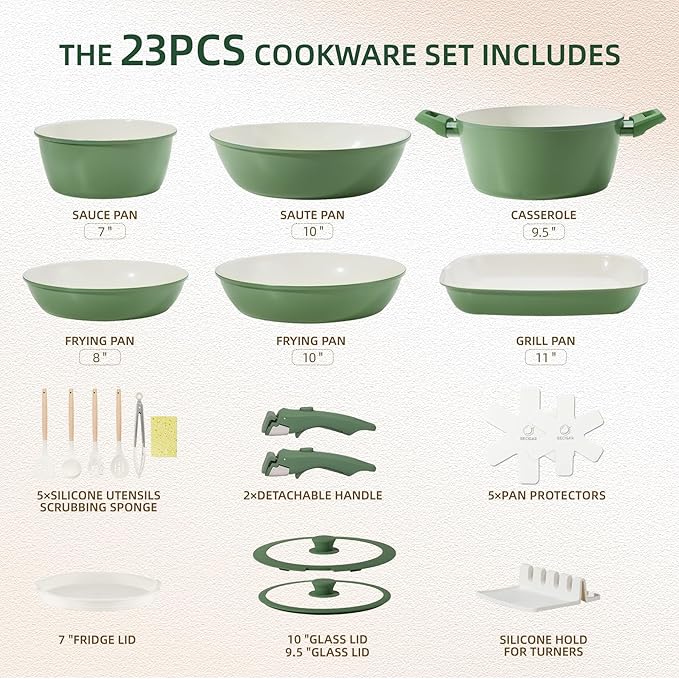 23pcs Ceramic Pots and Pans Set Nonstick Detachable Handle Cookware Induction Kitchen Cooking Set with Removable Handleinclude Frying Pans &amp Saucepans Oven Safe(Green)
