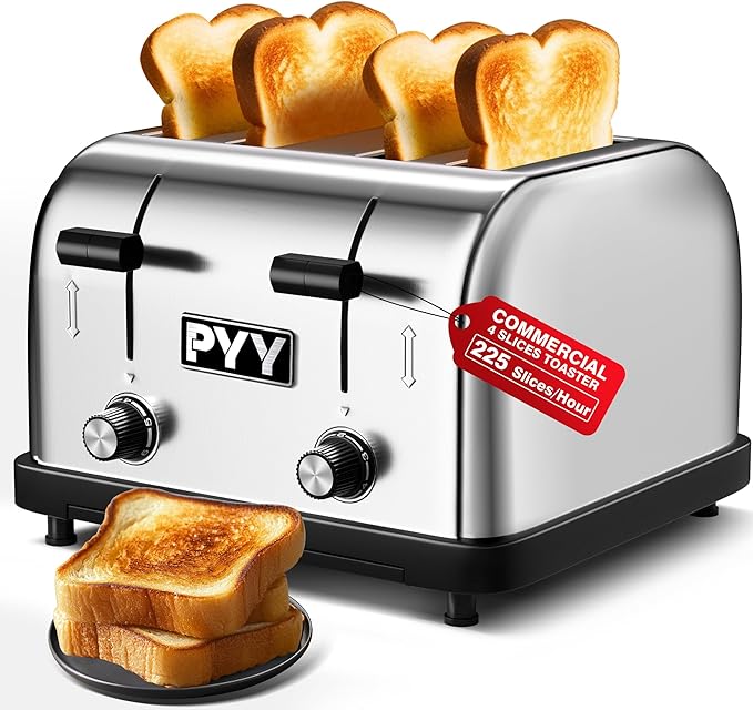 PYY Toaster Commercial 4 Slices- 225 Slices/Hour 1800W Pop Up Wide Slots 1.57 inch Stainless Steel 6-Level Setting