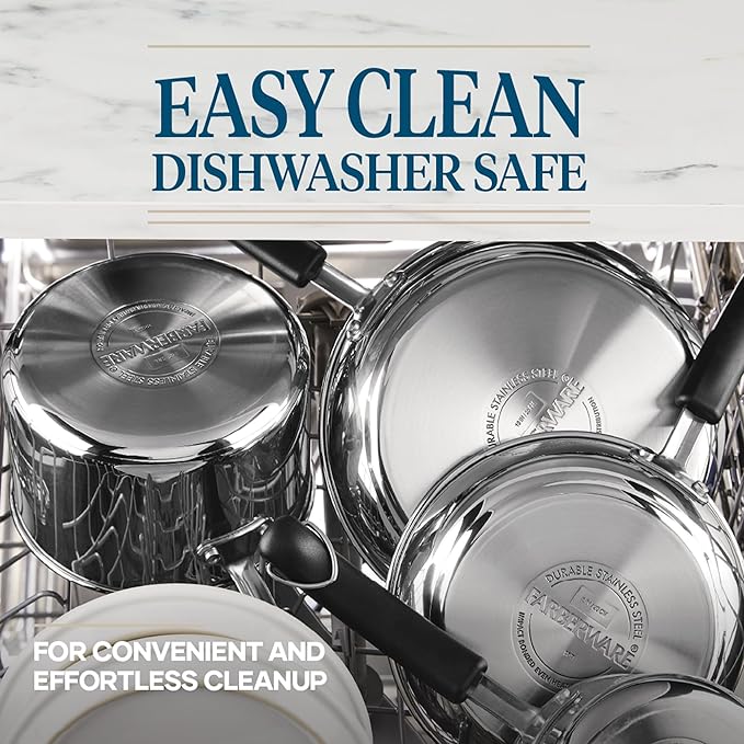 Farberware Brilliance Stainless Steel Cookware Pots and Pans Set with Kitchen Cooking Tools and Glass Lids 10 Piece Dishwasher Safe and Induction Ready Stainless Steel