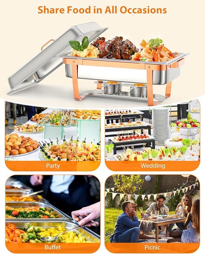 Commercial 8QT Chafing Dish Buffet Set - 2 Pack Rectangular Stainless Steel Food Warmers with Lid Holder Folding Frame Rose Gold Finish for Catering Party Restaurant Use 2-Piece Set