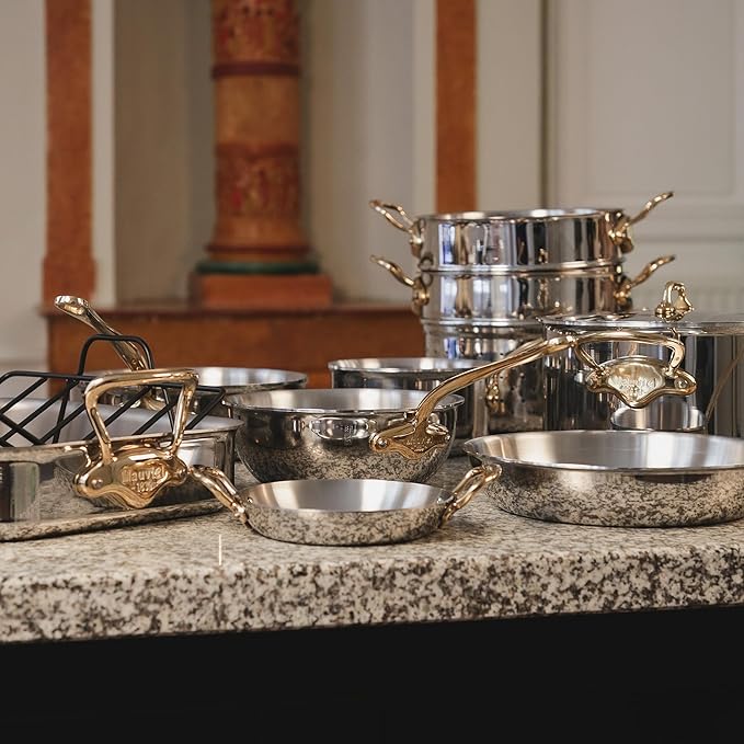 Mauviel M'Cook B 5-Ply Polished Stainless Steel 7-Piece Cookware Set With Brass Handles Made In France