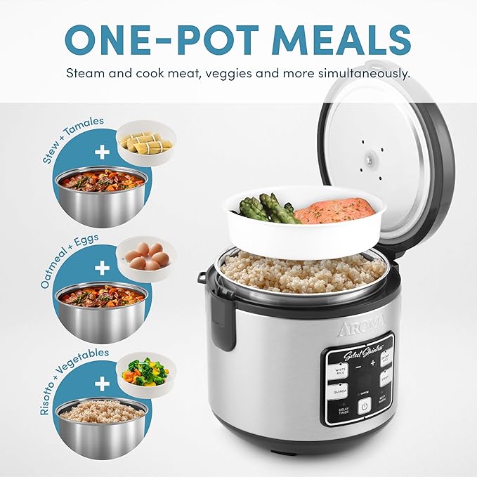 AROMA® Select Stainless® Rice Cooker 4-Cup (Uncooked) / 8-Cup (Cooked) Stainless Steel Inner Pot Multicooker Steamer 2 Qt Stainless Steel ARC-914SBDS