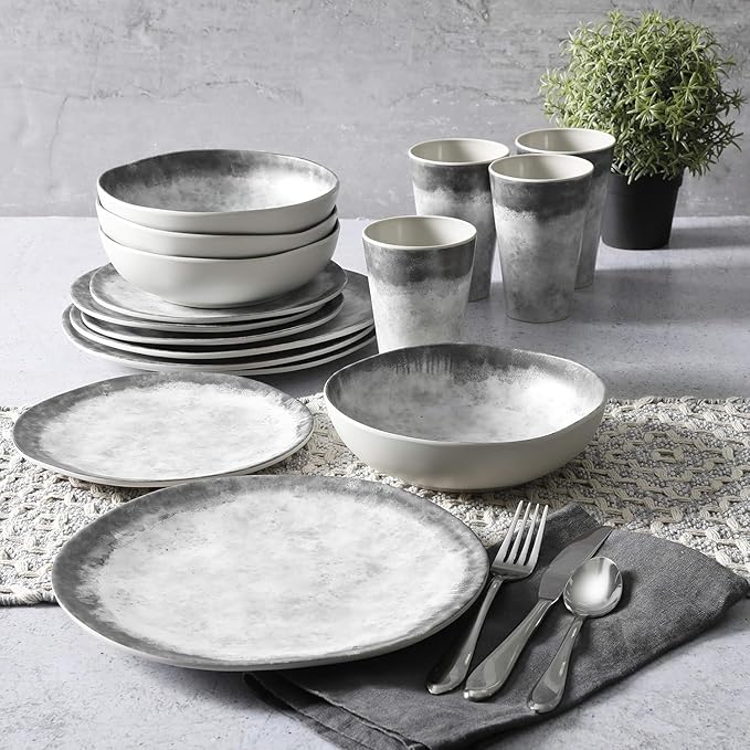 Organic Decal 16 Piece Melamine Dinnerware Set Gray and White Plates Bowls &amp Tumblers Service for 4 Break-Resistant Indoor Outdoor Dining