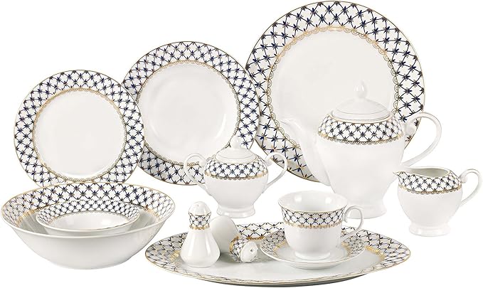 Lorren Home Trends 57-Piece Porcelain Dinnerware Set with Cobalt Blue Lattice Border Service for 8 Gold