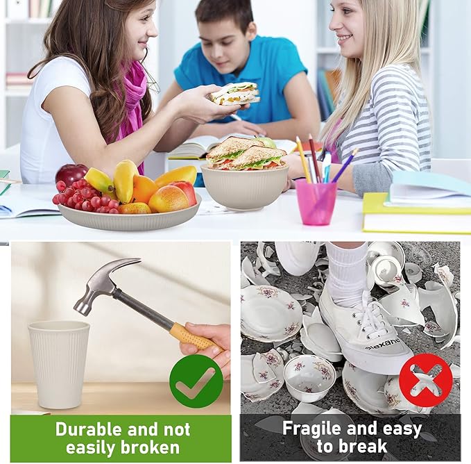 12pcs Wheat Straw Dinnerware Sets Kitchen Unbreakable Wheat Straw Plates and Bowls Sets for College Dorm Apartment Reusable Beige