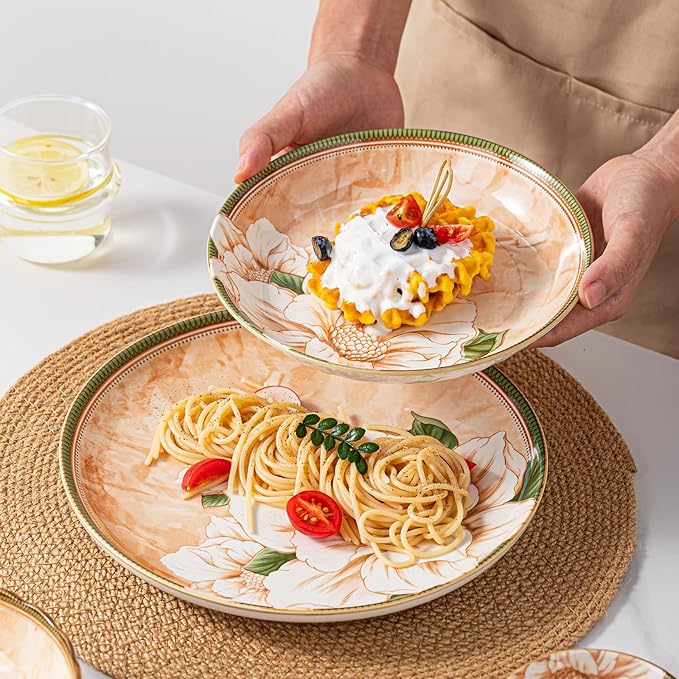 Plates and Bowls Sets for 4 16-Piece Dinnerware Set Ceramic Dish Sets for 4 with Camellia Floral Pattern Microwave &amp Dishwasher Safe for Everyday Use &amp Gift Giving