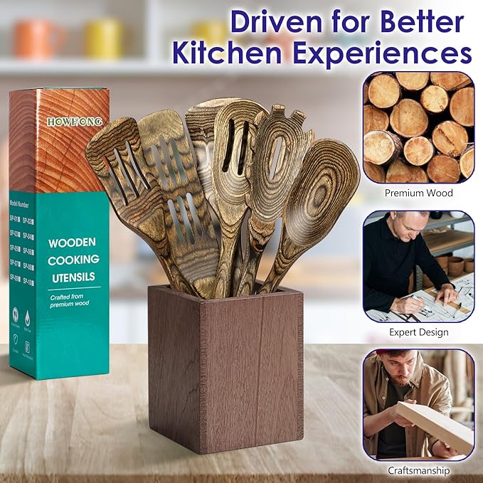 Wooden Spoons for Cooking Pakkawood Kitchen Utensil Set Granite Premium Durable Wooden Utensils for Nonstick Cookware Heat Resistant Smooth Finish Comfortable Grip 6 Piece
